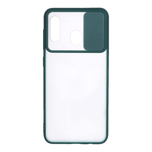 StraTG Clear and Dark Green Case with Sliding Camera Protector for Samsung A20 / A30 / M10S - Stylish and Protective Smartphone Case