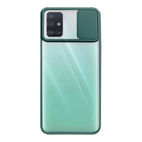 StraTG Clear and Dark Green Case with Sliding Camera Protector for Samsung A51 - Stylish and Protective Smartphone Case