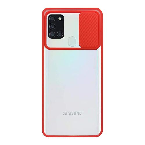StraTG Clear and Red Case with Sliding Camera Protector for Samsung A21S - Stylish and Protective Smartphone Case