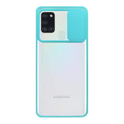 StraTG Clear and Turquoise Case with Sliding Camera Protector for Samsung A21S - Stylish and Protective Smartphone Case