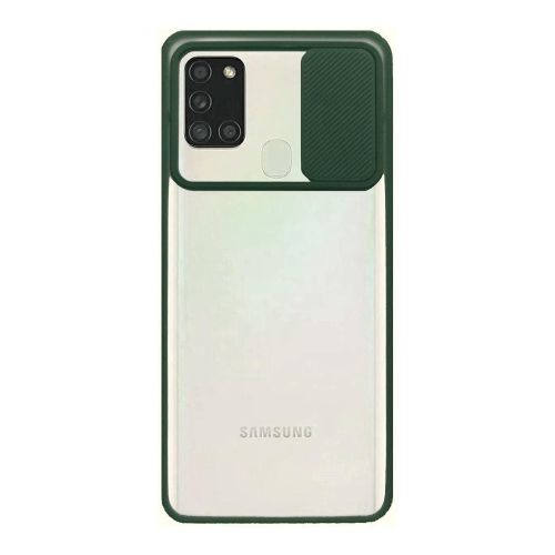 StraTG Clear and Dark Green Case with Sliding Camera Protector for Samsung A21S - Stylish and Protective Smartphone Case