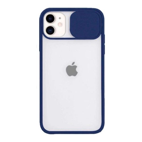 StraTG Clear and dark Blue Case with Sliding Camera Protector for iPhone 12 / 12 Pro - Stylish and Protective Smartphone Case