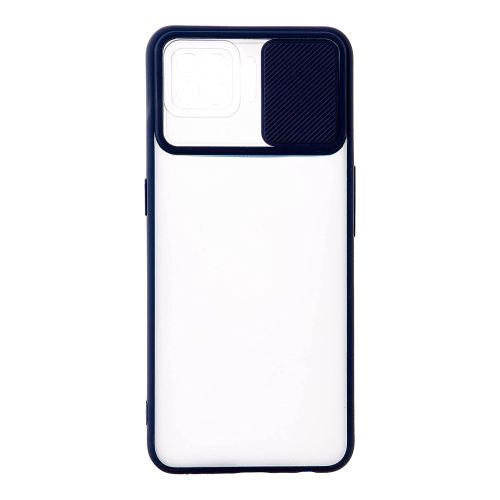 StraTG Clear and dark Blue Case with Sliding Camera Protector for Oppo A93 / A73 / F17 / F17 Pro / Reno 4F / Reno 4 Lite - Stylish and Protective Smartphone Case