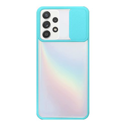 StraTG Clear and Turquoise Case with Sliding Camera Protector for Samsung A32 4G - Stylish and Protective Smartphone Case